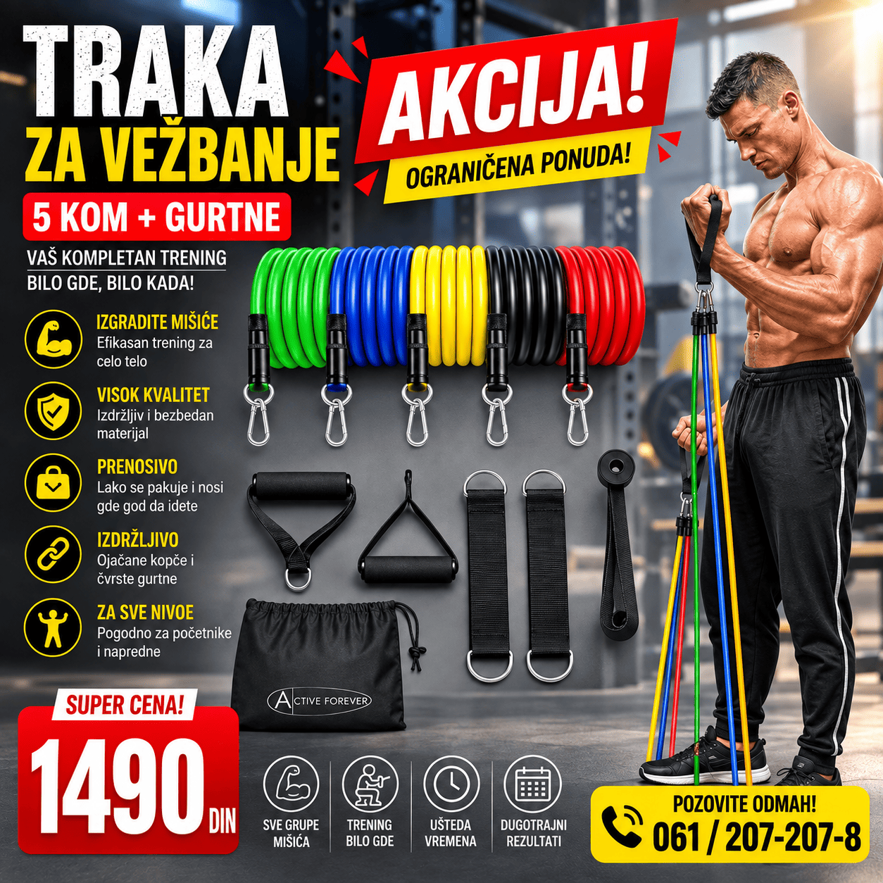 Set traka za vežbanje 5 komada različitih nivoa otpora sa ručkama i gurtnama, praktičan za trening ruku, nogu, leđa i celog tela.