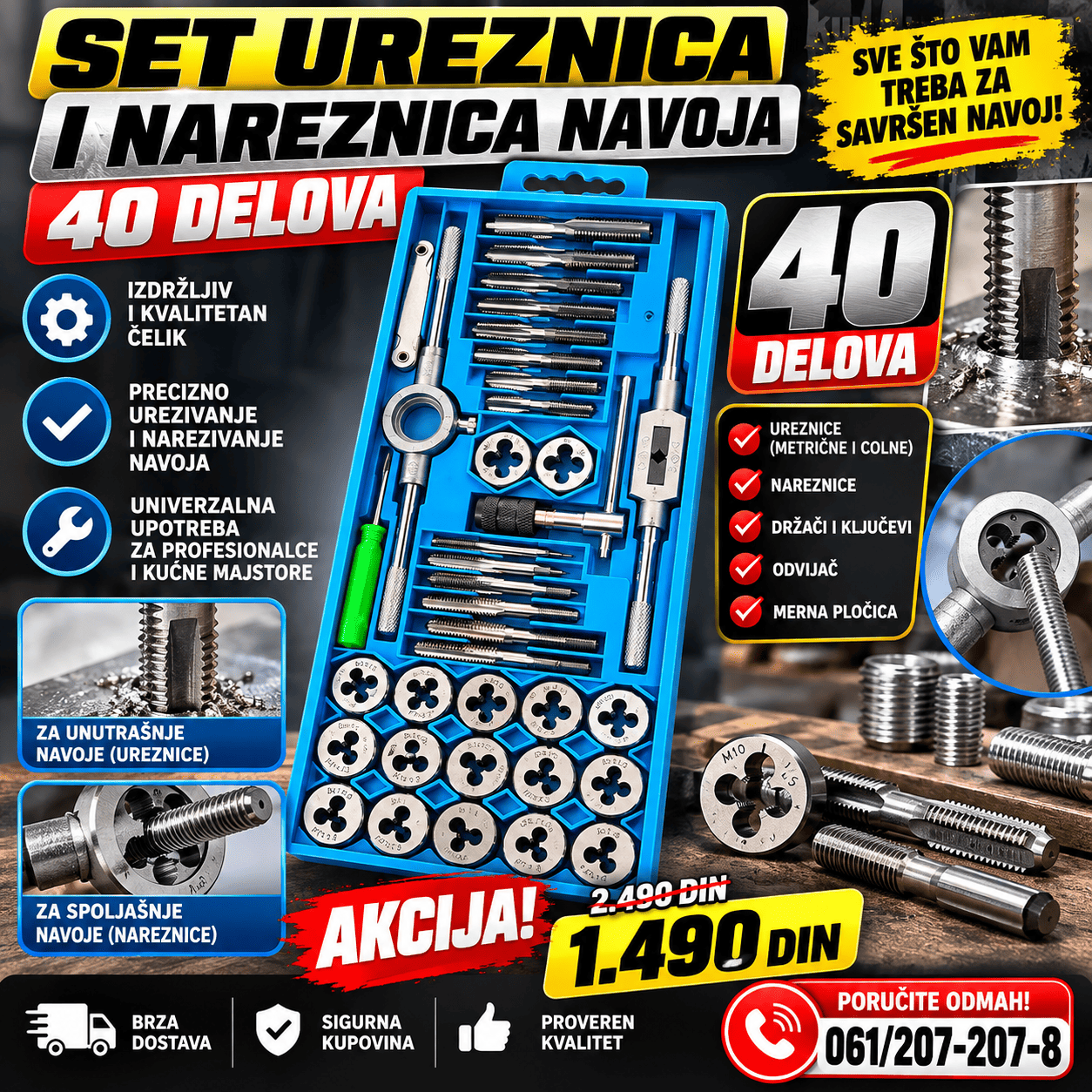 Set ureznica i nareznica 40 komada sa različitim veličinama alata, idealan za automehaničarske radionice, servisiranje mašina i kućne popravke.