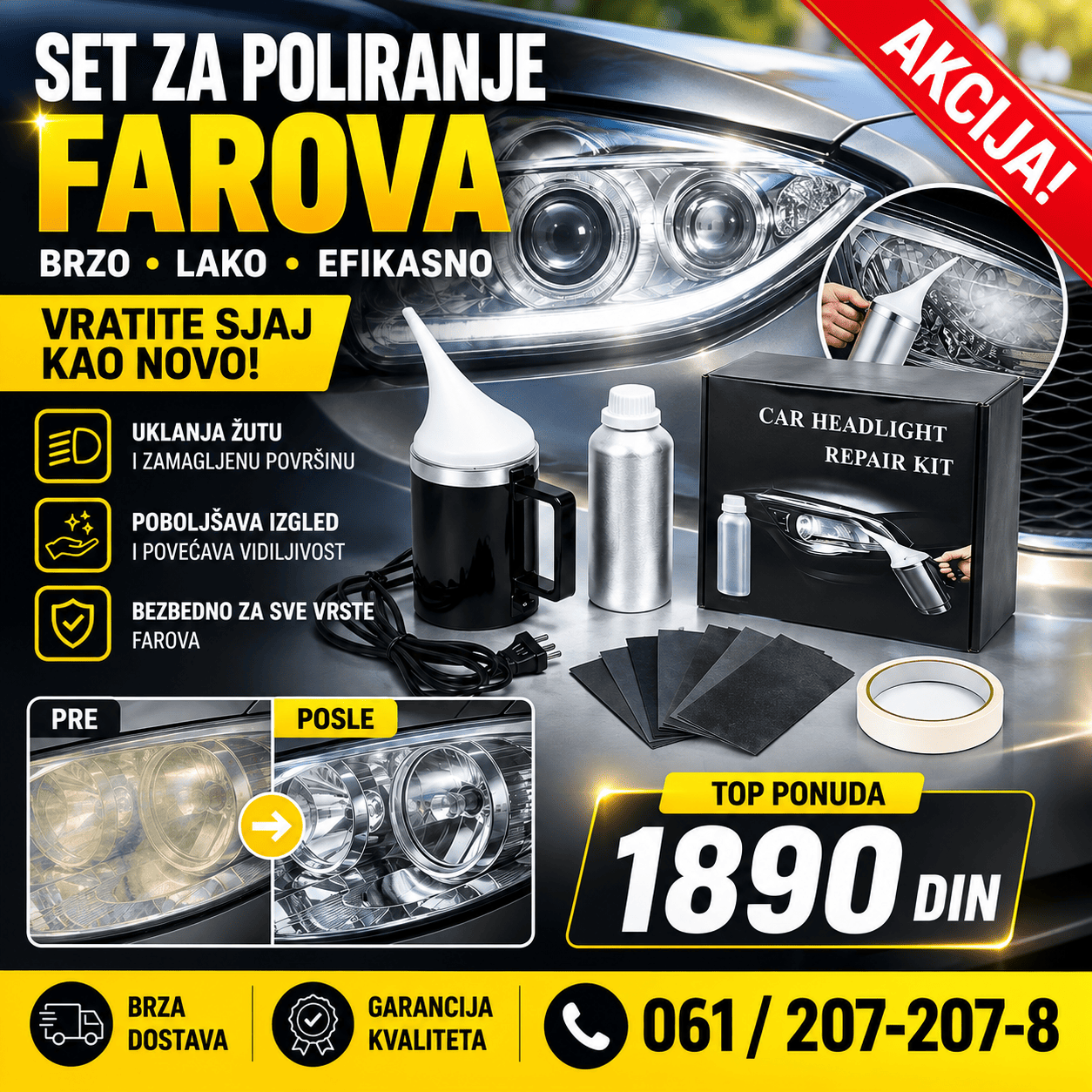 Set za polimerizaciju farova sa električnim uređajem, tečnošću za obnovu i brusnim papirima, namenjen za sređivanje matiranih i požutelih automobilskih farova.