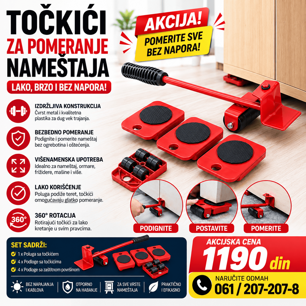 Set za pomeranje nameštaja sa polugom za podizanje i četiri točkića, praktičan za lakše premeštanje ormara, kreveta, komoda i drugih teških predmeta.