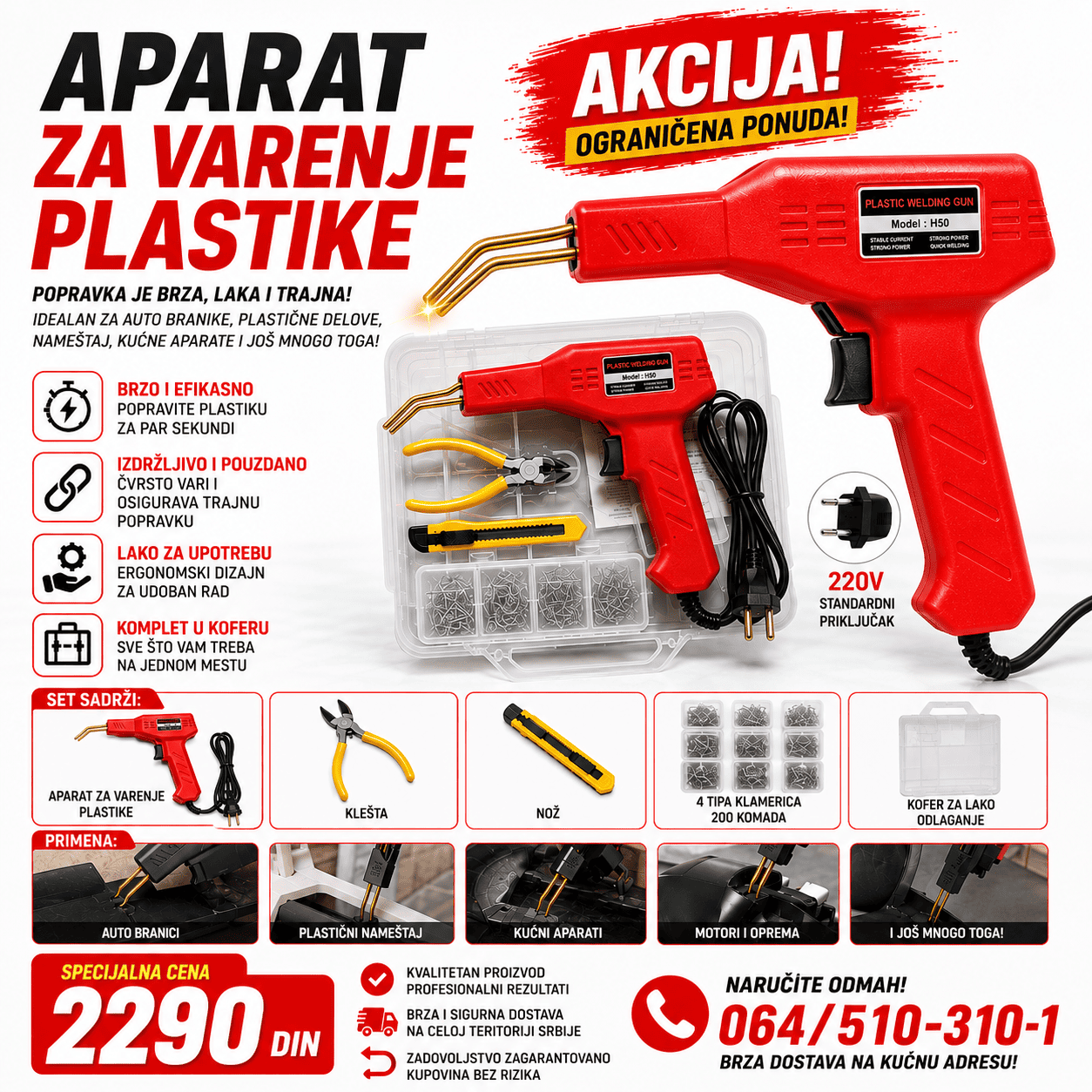 Set za zavarivanje plastike sa velikim brojem metalnih spajalica predstavlja idealno rešenje za trajnu sanaciju pukotina i lomova. Ergonomska drška pištolja omogućava udobno rukovanje tokom dužih radova i preciznu kontrolu temperature.