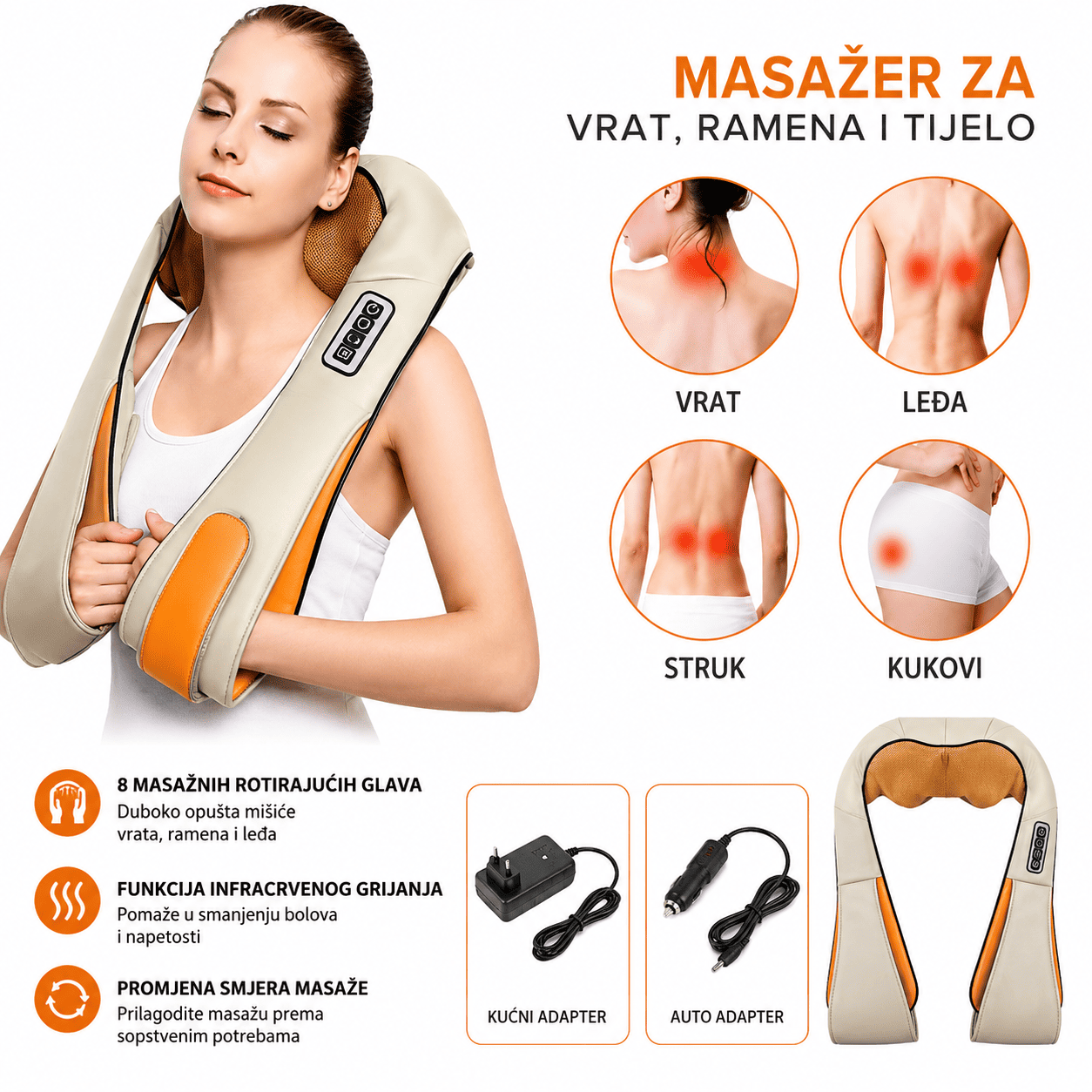 Shiatsu masažer sa grejanjem i adapterima za kućnu i automobilsku upotrebu pruža profesionalan tretman masaže gde god da se nalazite.