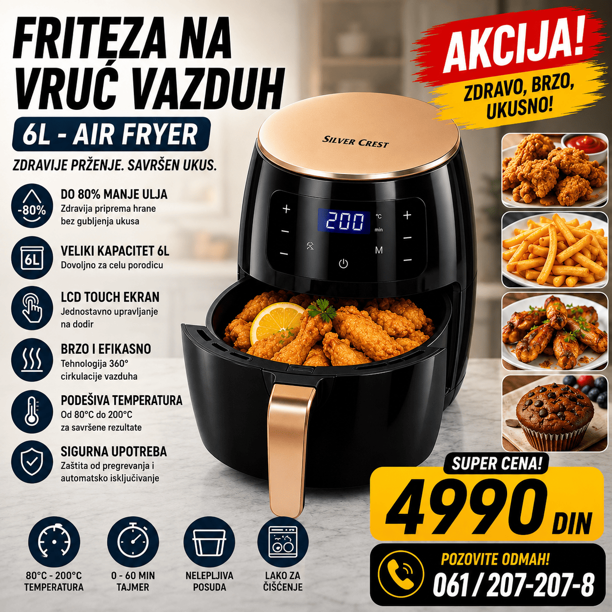 Silver Crest friteza na vruć vazduh kapaciteta 6 litara sa digitalnim displejem, praktična za pripremu različitih obroka uz cirkulaciju toplog vazduha.