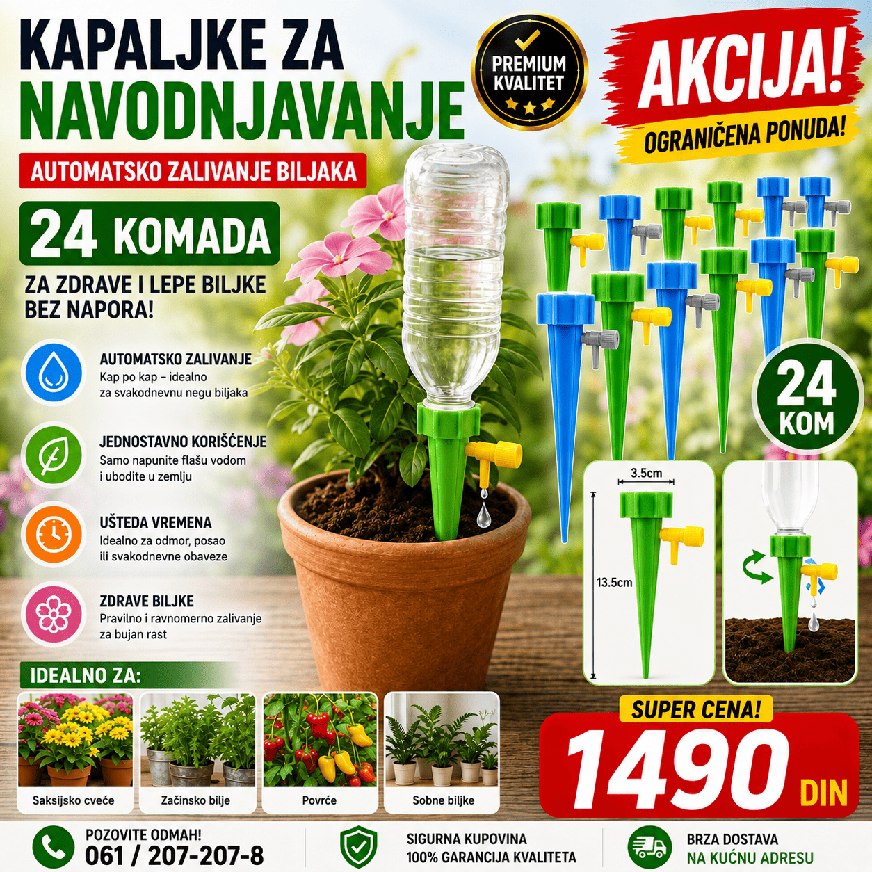 Sistem za automatsko zalivanje biljaka kap po kap sa nastavkom za plastičnu flašu, praktičan za postepeno navodnjavanje cveća i saksijskih biljaka.