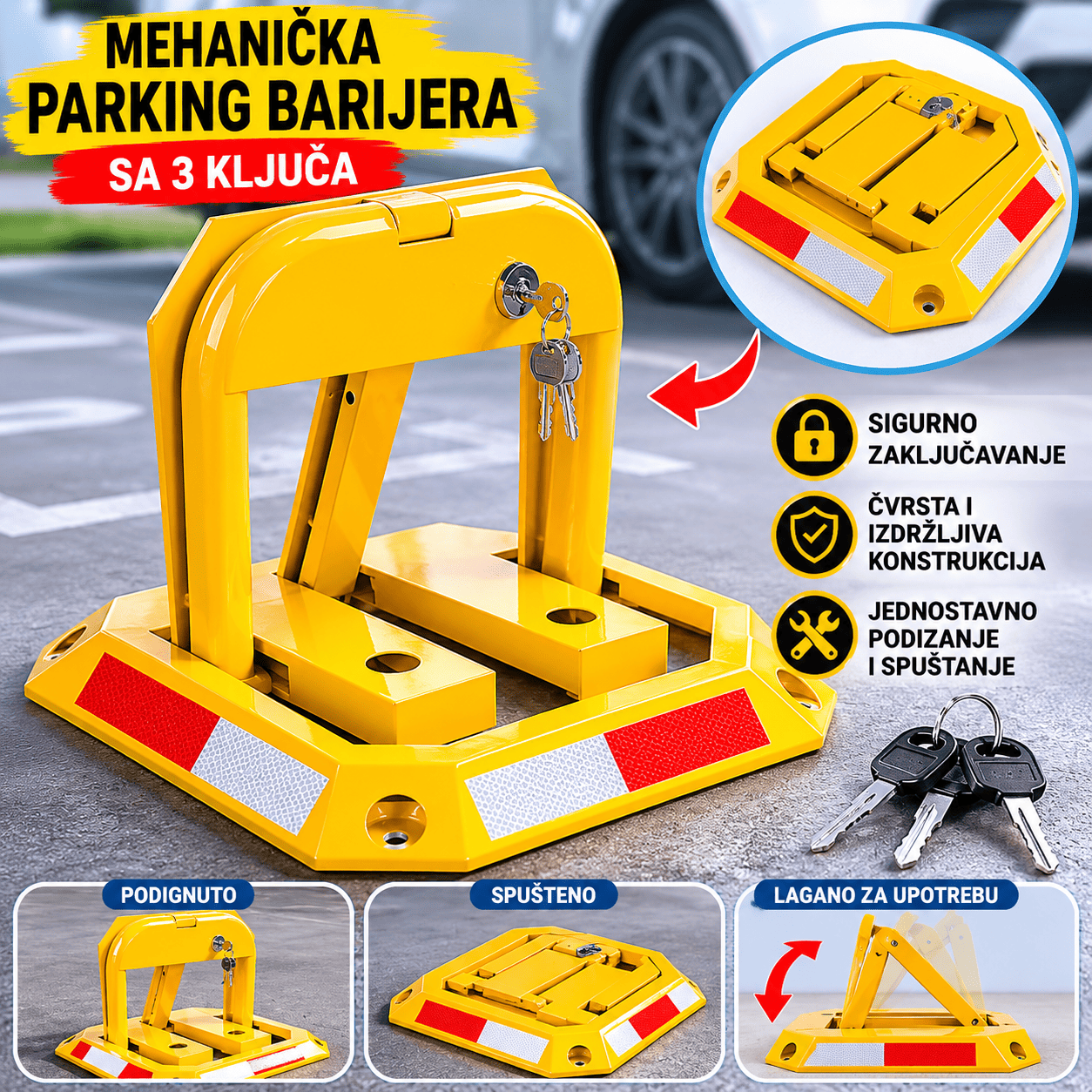 Sklopiva parking barijera za obezbeđenje parking mesta, otporna na vremenske uslove, sa sigurnosnim zaključavanjem i tri ključa u kompletu.