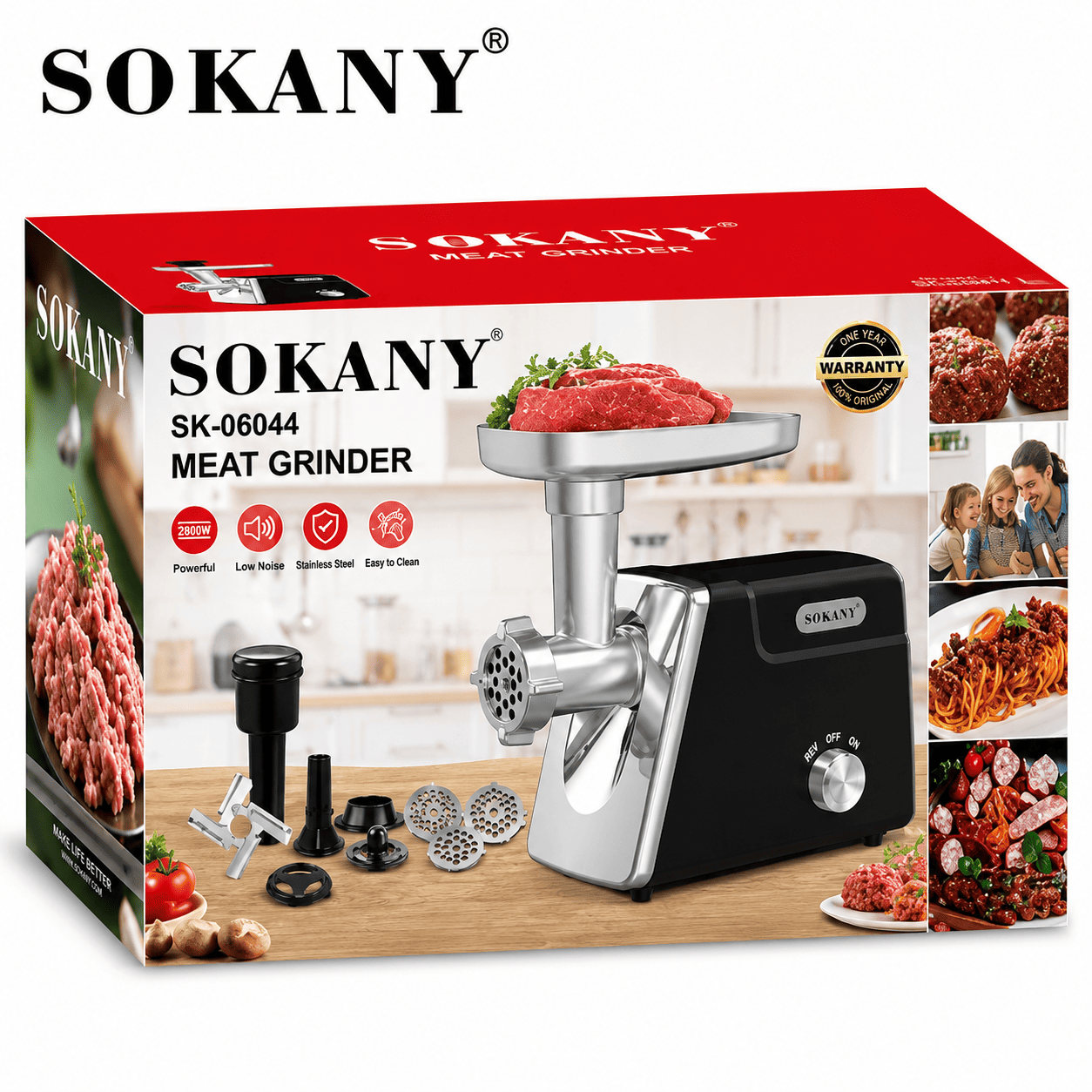 Profesionalna Sokany mašina za mlevenje mesa 2800W sa metalnim nastavcima i kontrolnim prekidačem, praktičan kuhinjski uređaj za obradu mesa.