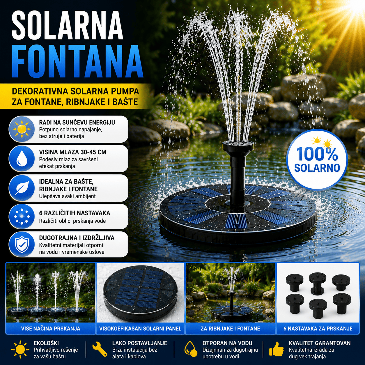 Solarna fontana sa pumpom i kompletom mlaznica za različite efekte vode, praktična dekoracija za baštenska jezerca, dvorišne bazene i vodene površine.