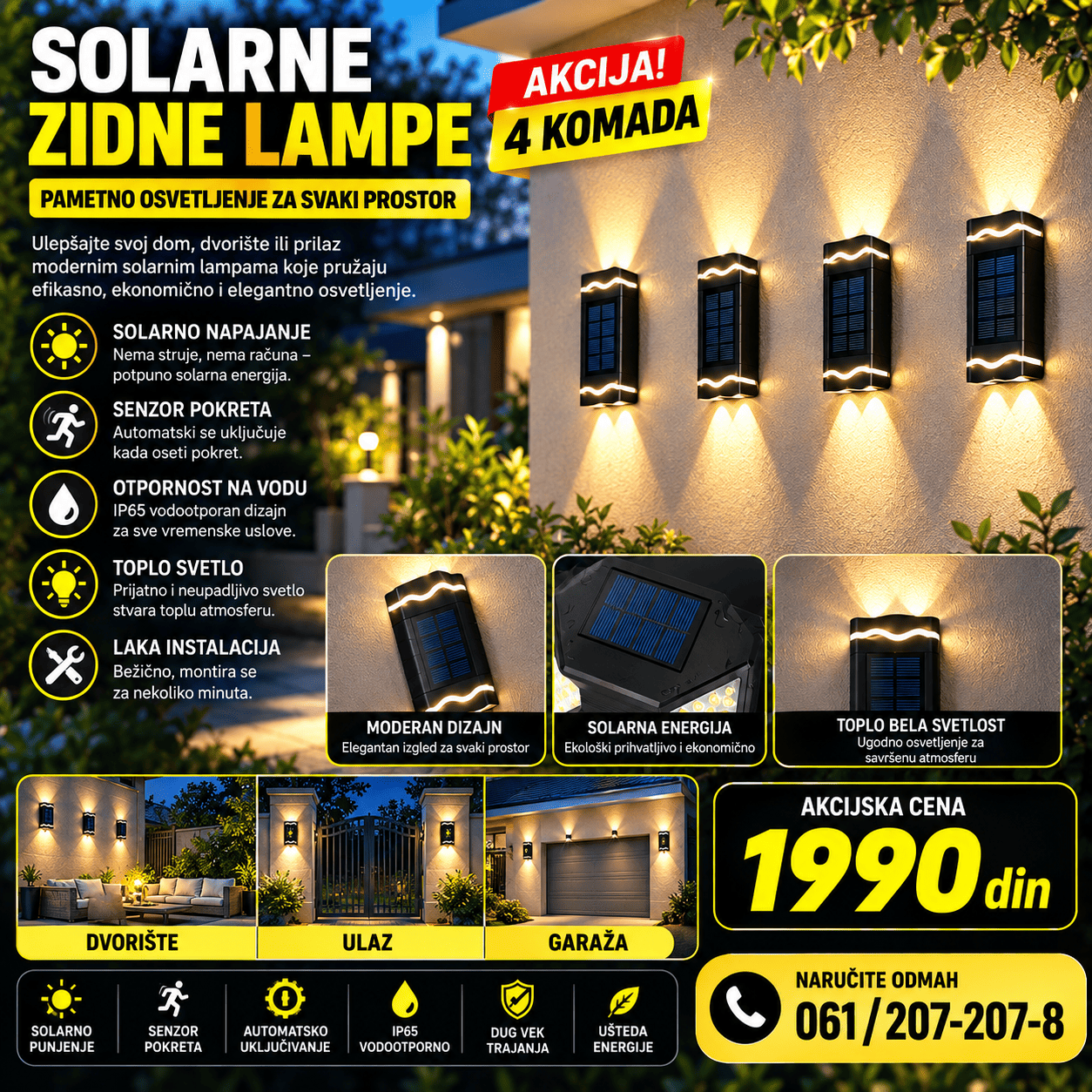 Solarne dvostrane zidne lampe 4 komada sa svetlom usmerenim nagore i nadole, praktične za dekorativno osvetljenje fasade, terase i dvorišta.