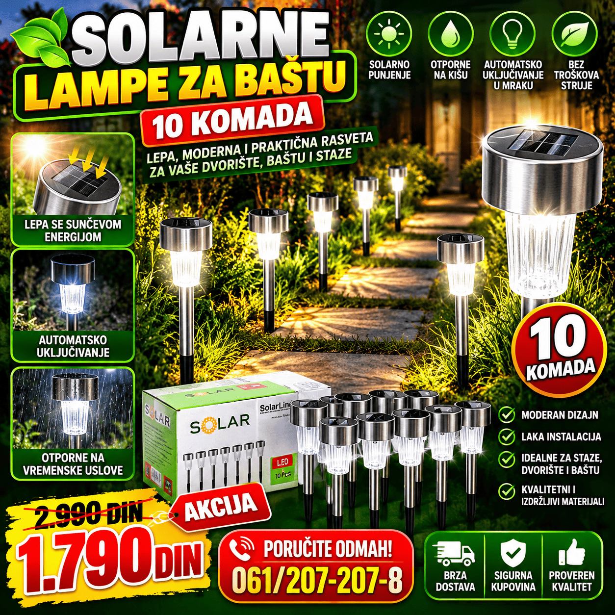 Solarne lampe za baštu set od 10 komada sa solarnim punjenjem i automatskim uključivanjem u mraku.