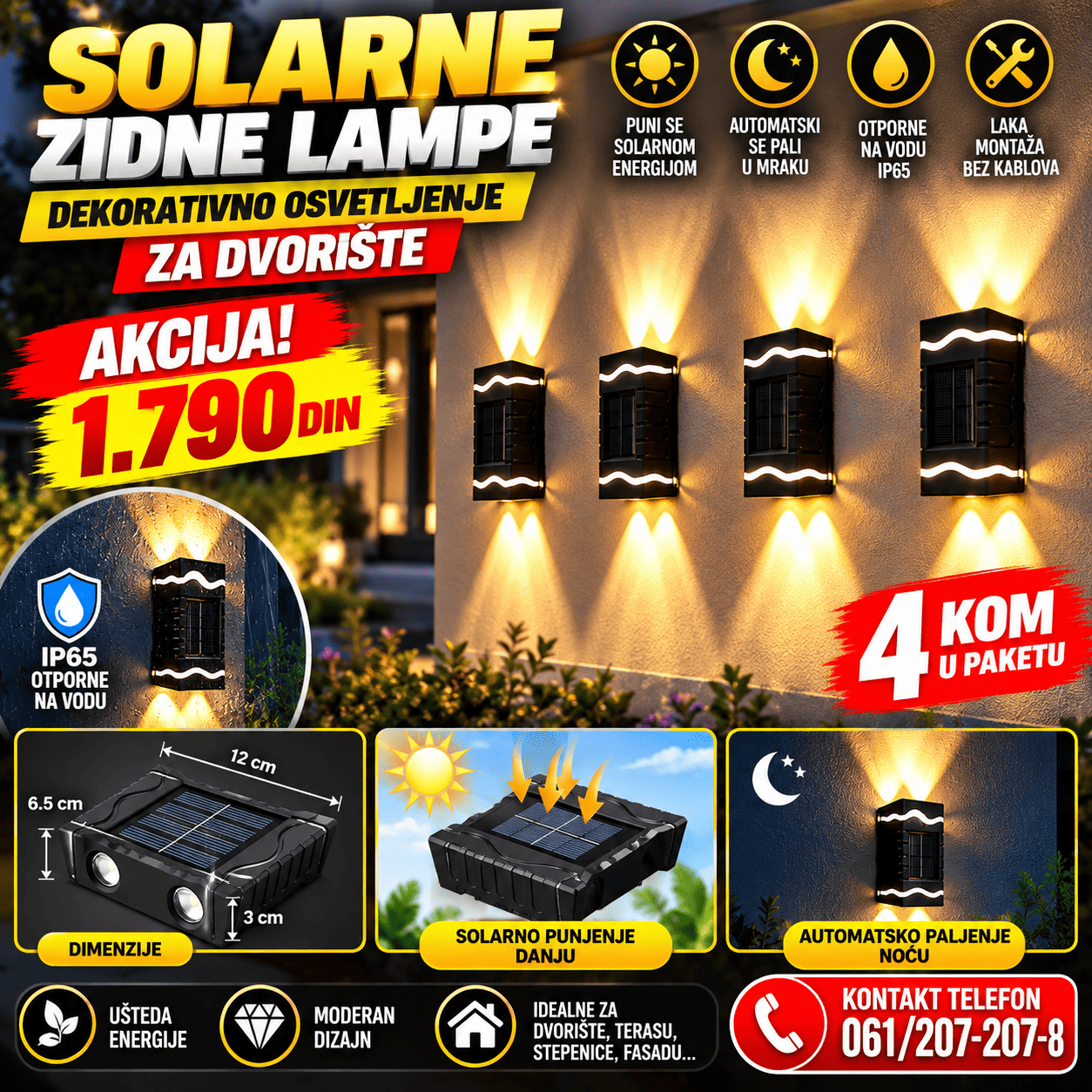 Solarne zidne lampe 4 komada za dekorativno osvetljenje dvorišta, terasa i fasada, sa automatskim paljenjem noću i punjenjem putem sunčeve energije.