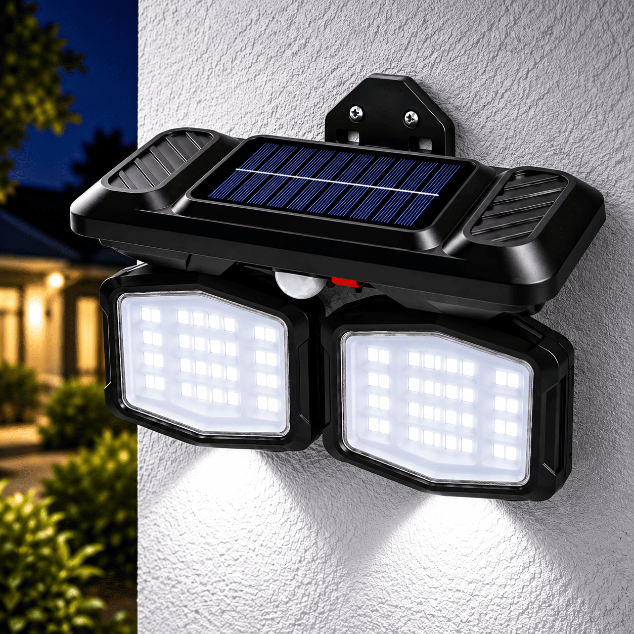 Solarni LED reflektor sa senzorom pokreta i dve podesive glave do 180 stepeni za široko osvetljenje prostora.
