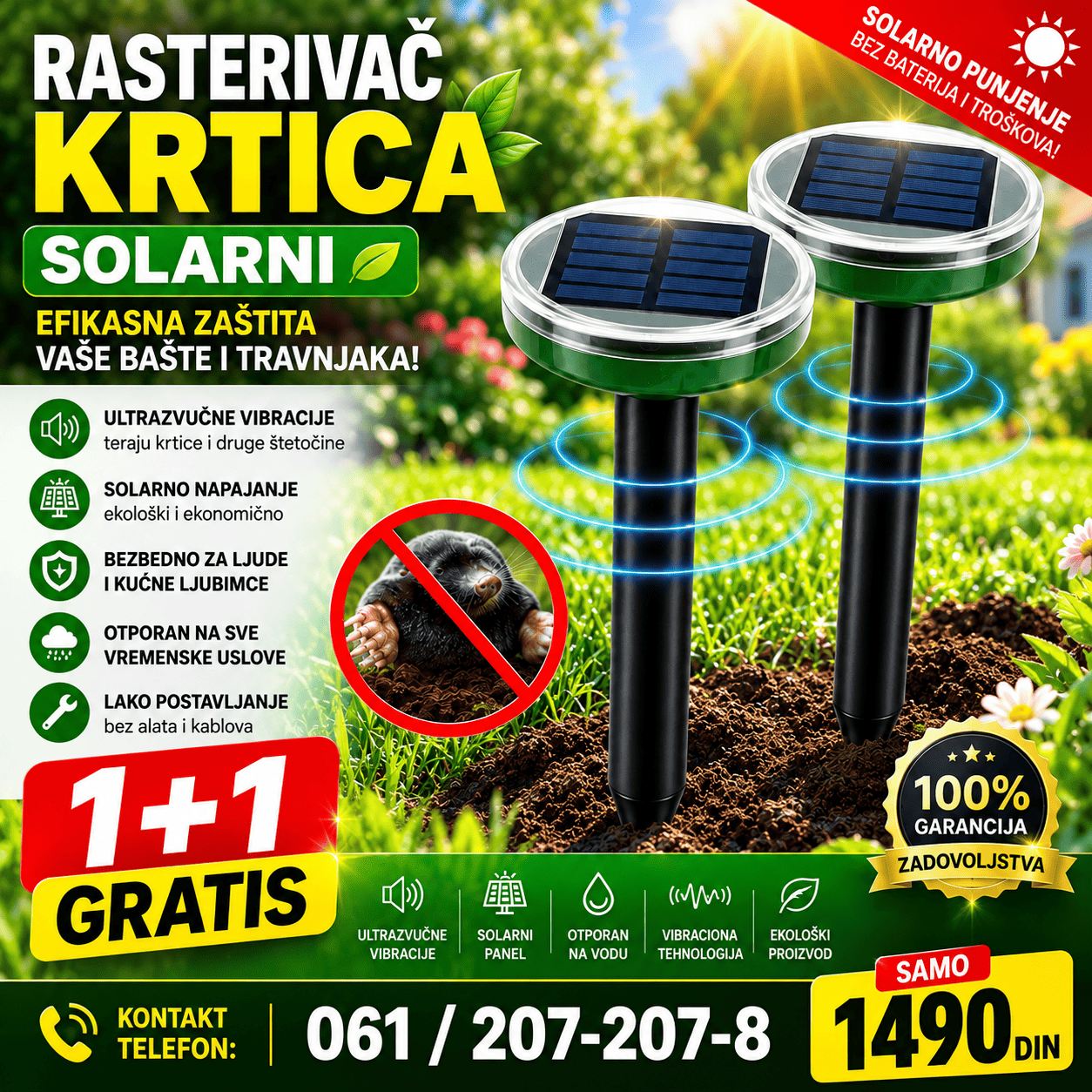 Solarni rasterivač krtica 2 komada sa ugrađenim solarnim panelom, namenjen za postavljanje u zemlju u bašti, dvorištu, travnjaku i oko biljaka.
