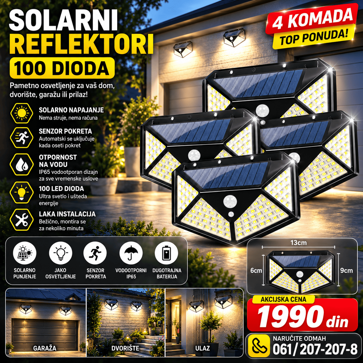 Solarni reflektor sa 100 LED dioda u pakovanju od 4 komada, praktičan za spoljašnje osvetljenje dvorišta, terase, ulaza, garaže i prilaza kući.
