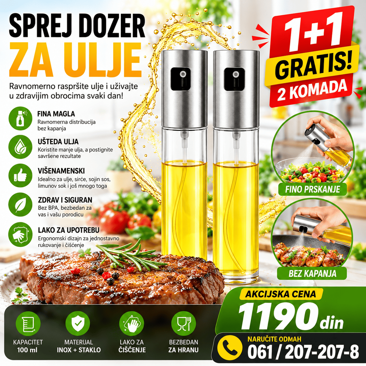 Sprej dozer za ulje sa providnom posudom i raspršivačem, praktičan za ravnomerno nanošenje ulja prilikom pečenja, prženja i pripreme salata.