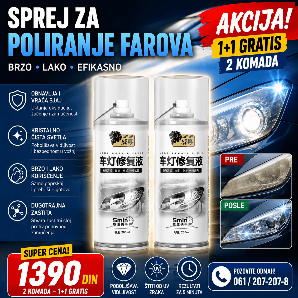 Sprej za farove namenjen za obnovu izgleda automobilskih farova, praktičan za tretiranje matiranih, zamagljenih i požutelih površina.