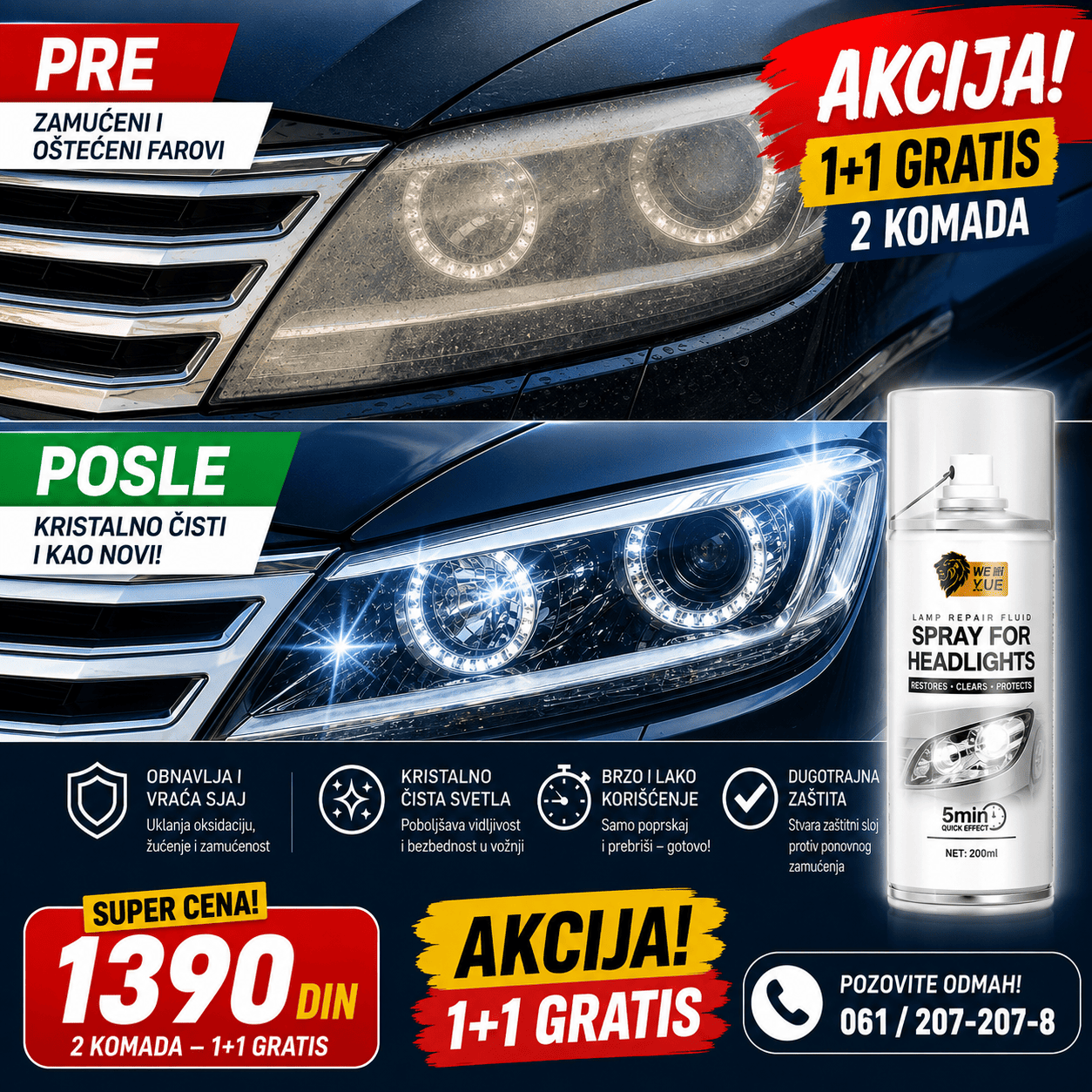 Sprej za poliranje farova automobila, praktično rešenje za održavanje i vizuelno osvežavanje plastičnih površina prednjih svetala.