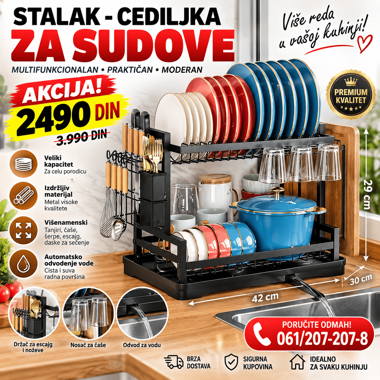 Stalak – cediljka za sudove sa dva nivoa, držačem za escajg, čaše i praktičnim odvodom za vodu.