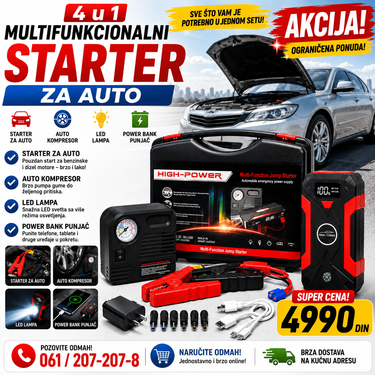 Starter za auto 4 u 1 sa kablovima i štipaljkama za akumulator, praktičan komplet za pokretanje vozila i korišćenje u hitnim situacijama.