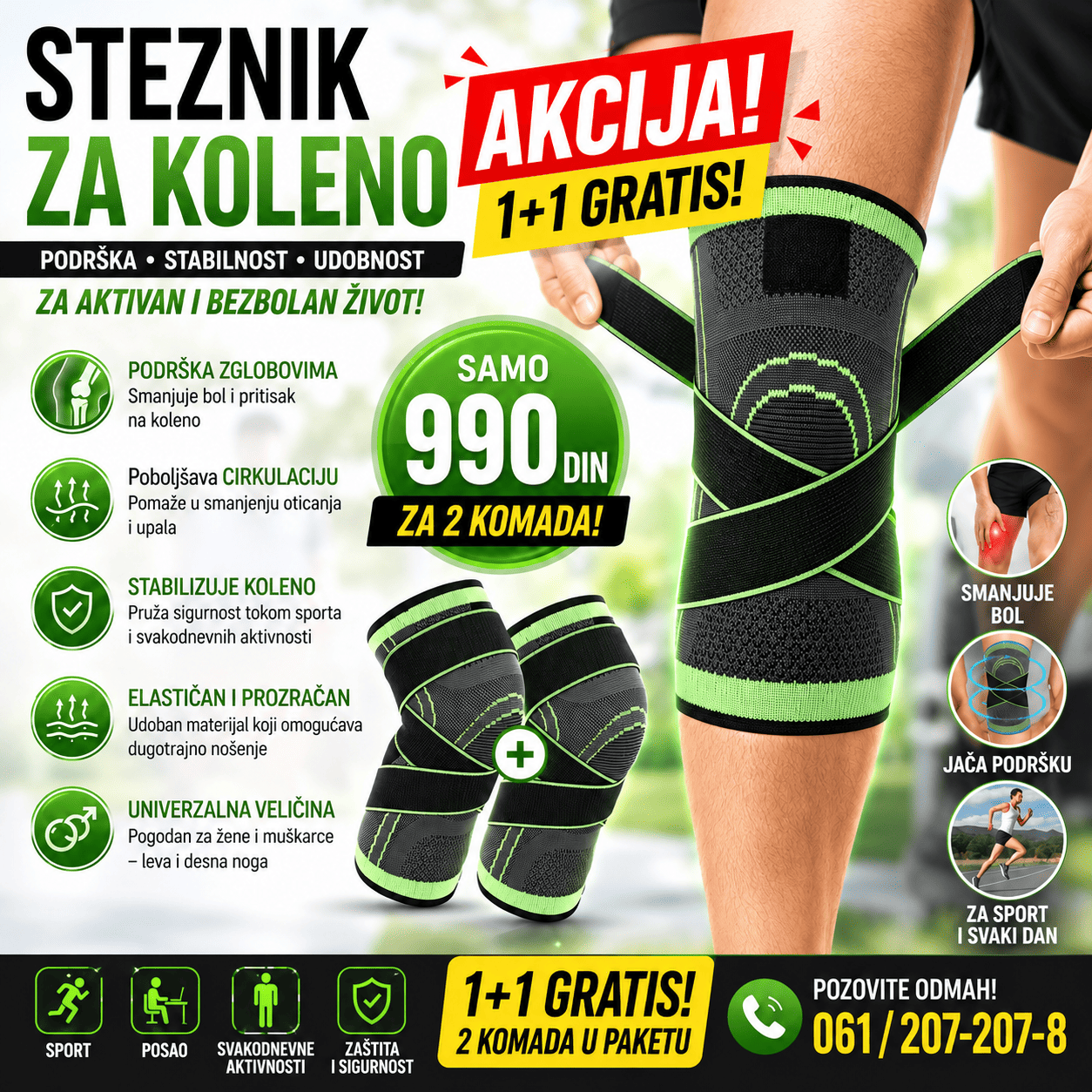 Steznik za koleno 1+1 gratis, paket od 2 komada sa elastičnim materijalom i potpornom zonom oko kolena, pogodan za svakodnevne aktivnosti i vežbanje.