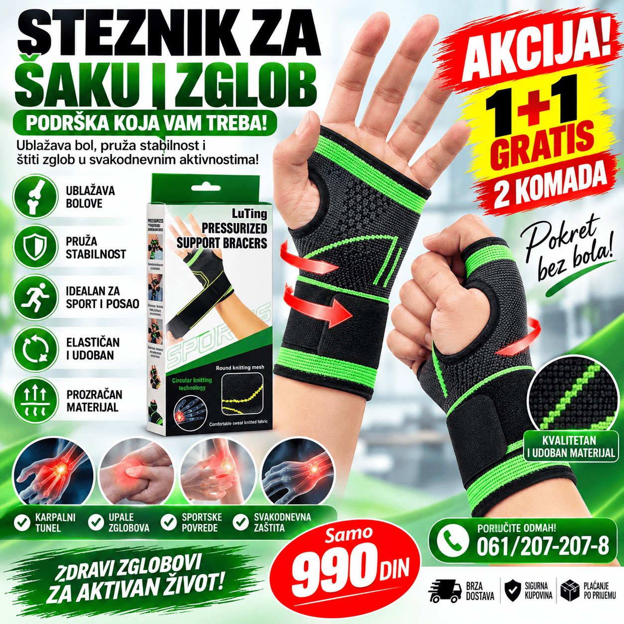 Steznik za šaku i zglob 1+1 gratis, set od 2 komada za stabilnu podršku ručnog zgloba tokom svakodnevnih aktivnosti.