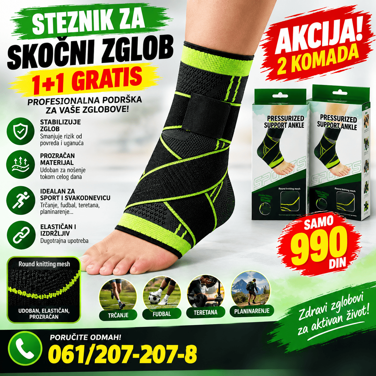Steznik za skočni zglob 1+1 gratis, set od 2 komada sa elastičnom podrškom i podesivom trakom za stabilnost zgloba.