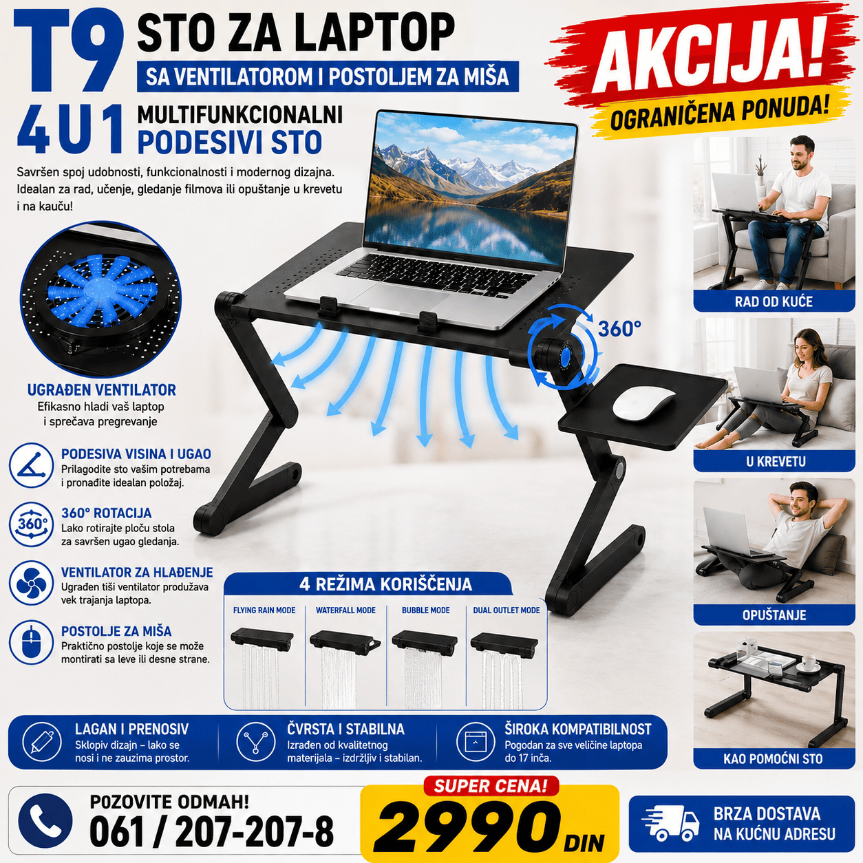 Sto T9 za laptop sa ugrađenim ventilatorom za hlađenje i bočnim postoljem za miša, praktičan za rad, učenje i korišćenje laptopa kod kuće.