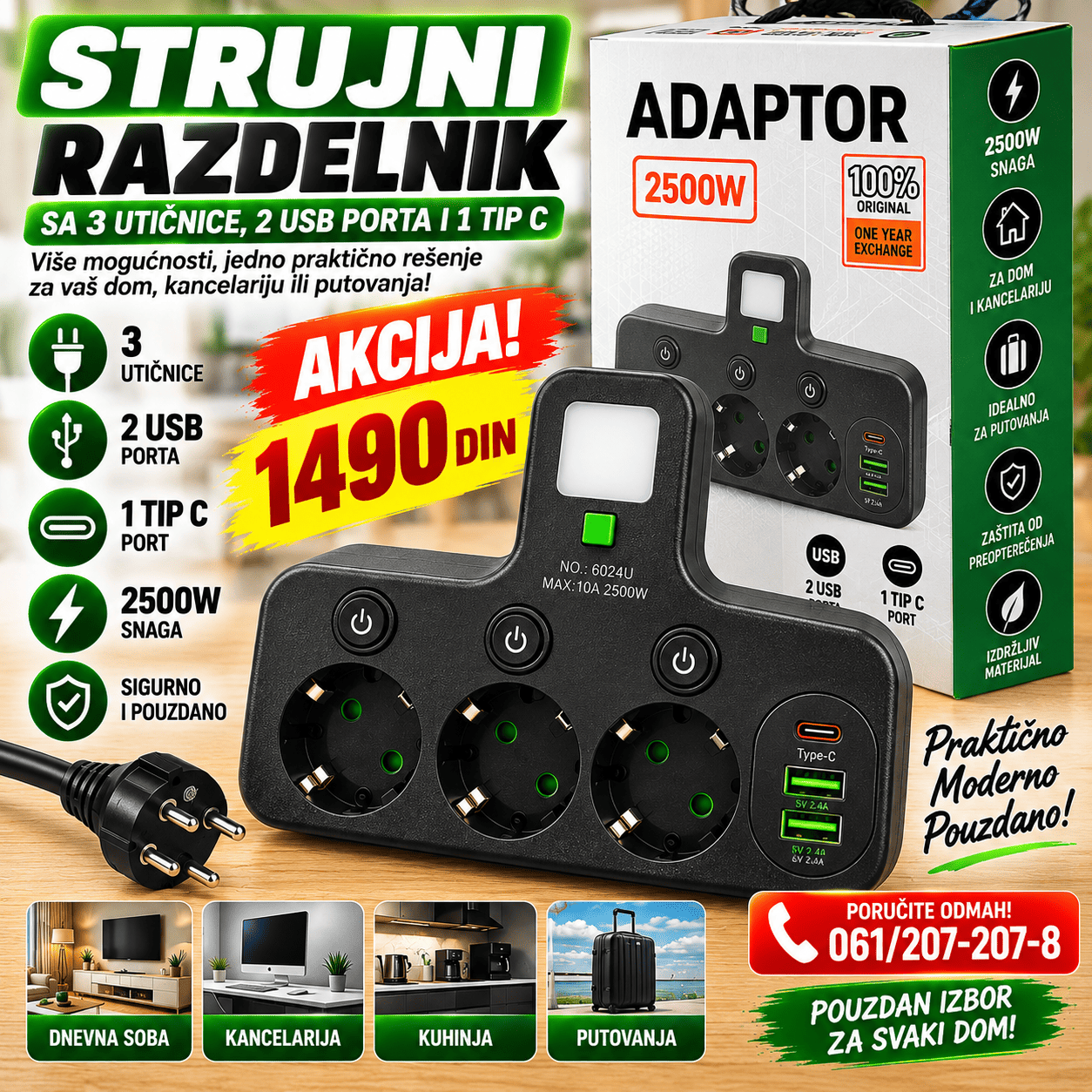 Strujni razdelnik 2500W sa 3 utičnice, 2 USB porta i 1 Type-C priključkom za praktično povezivanje više uređaja.