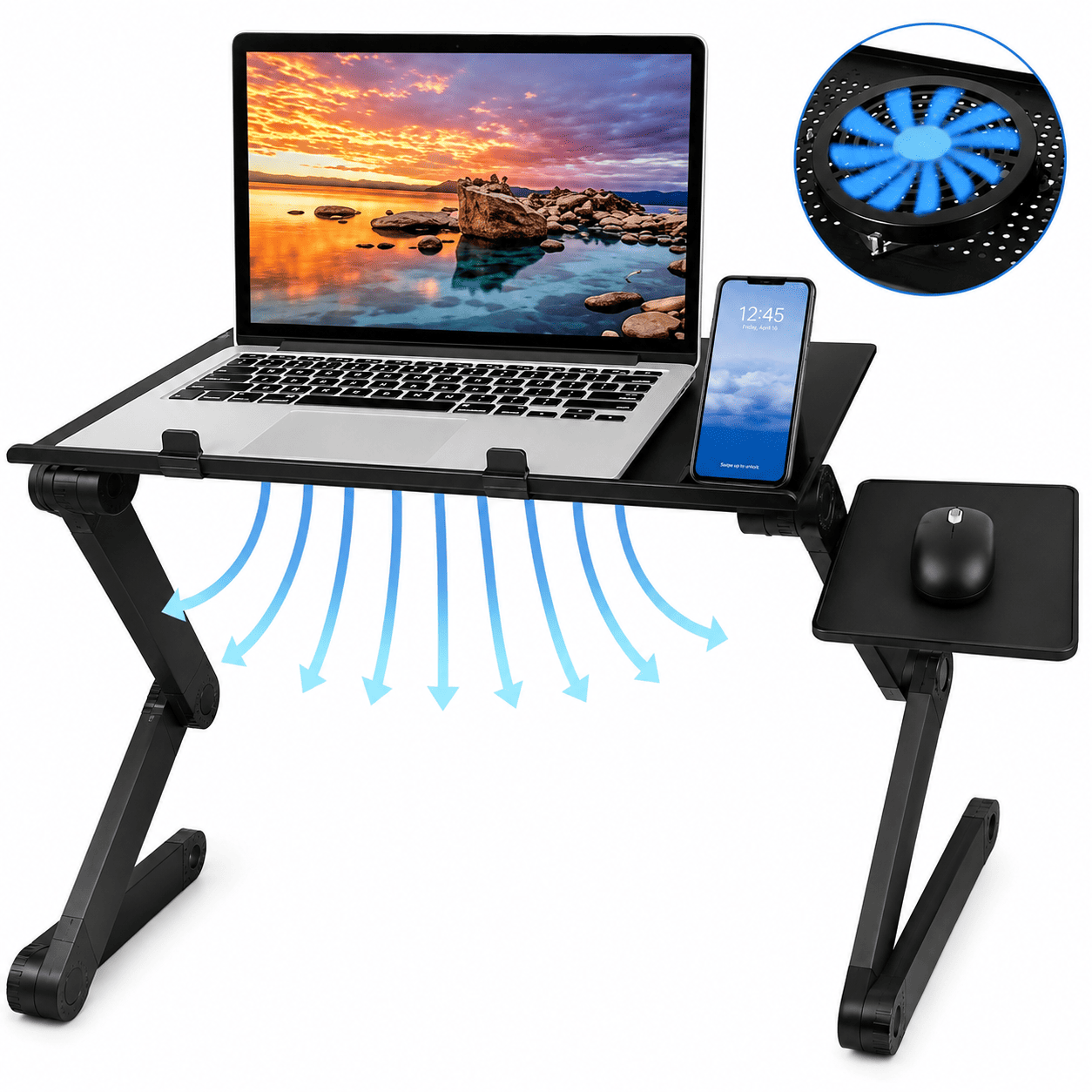 Prenosivi T9 sto za laptop sa ventilatorom i posebnom podlogom za miš, dizajniran za udobnije korišćenje računara na krevetu, kauču ili stolici.