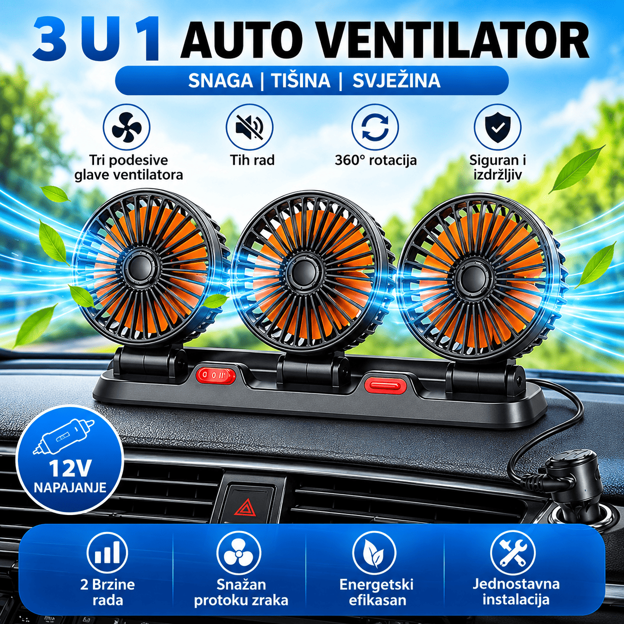 Troglavi ventilator za automobil i kombi sa 12V napajanjem i individualno podesivim smerom duvanja.