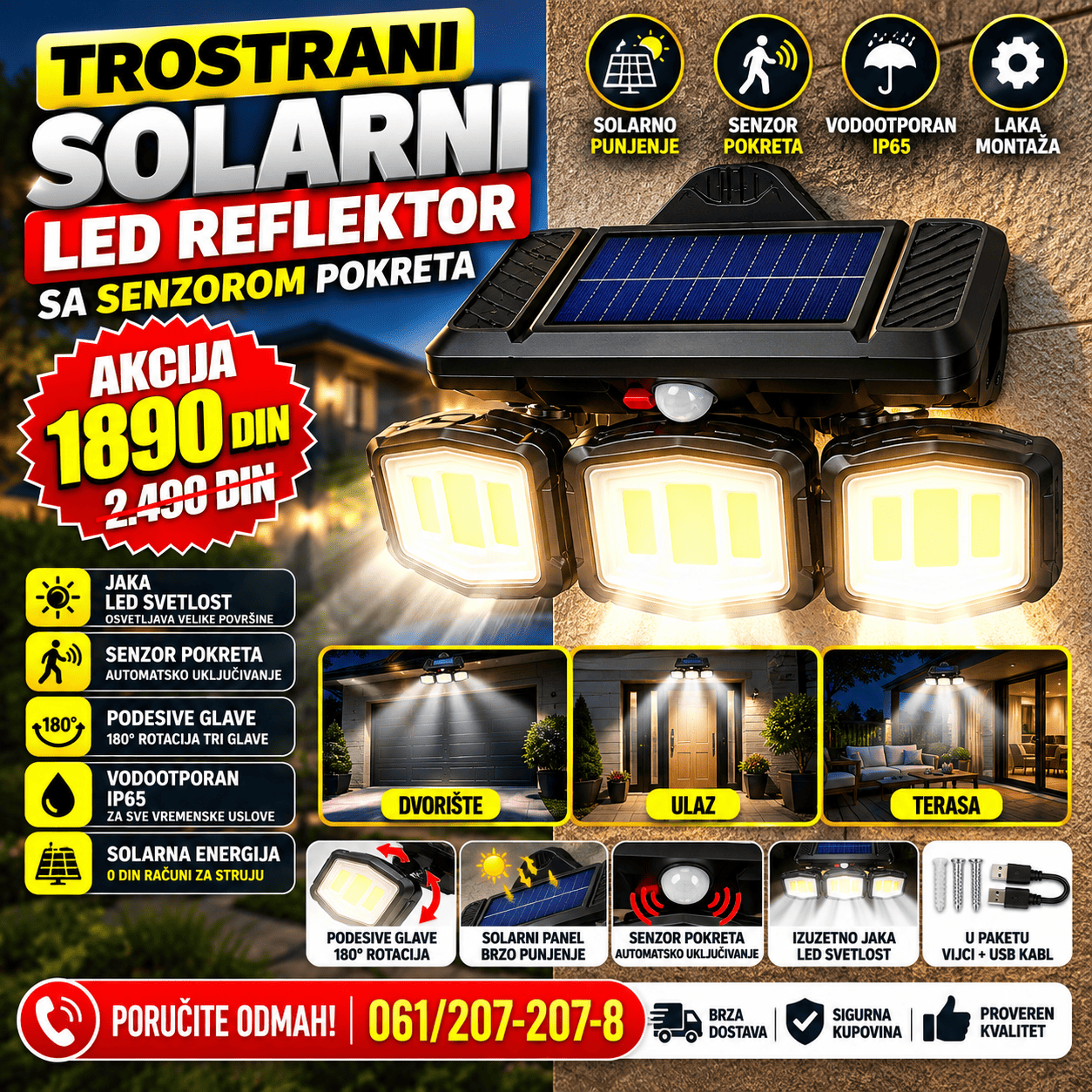 Trostrani solarni LED reflektor sa senzorom pokreta, tri podesive glave i snažnim osvetljenjem za dvorište i ulaz.