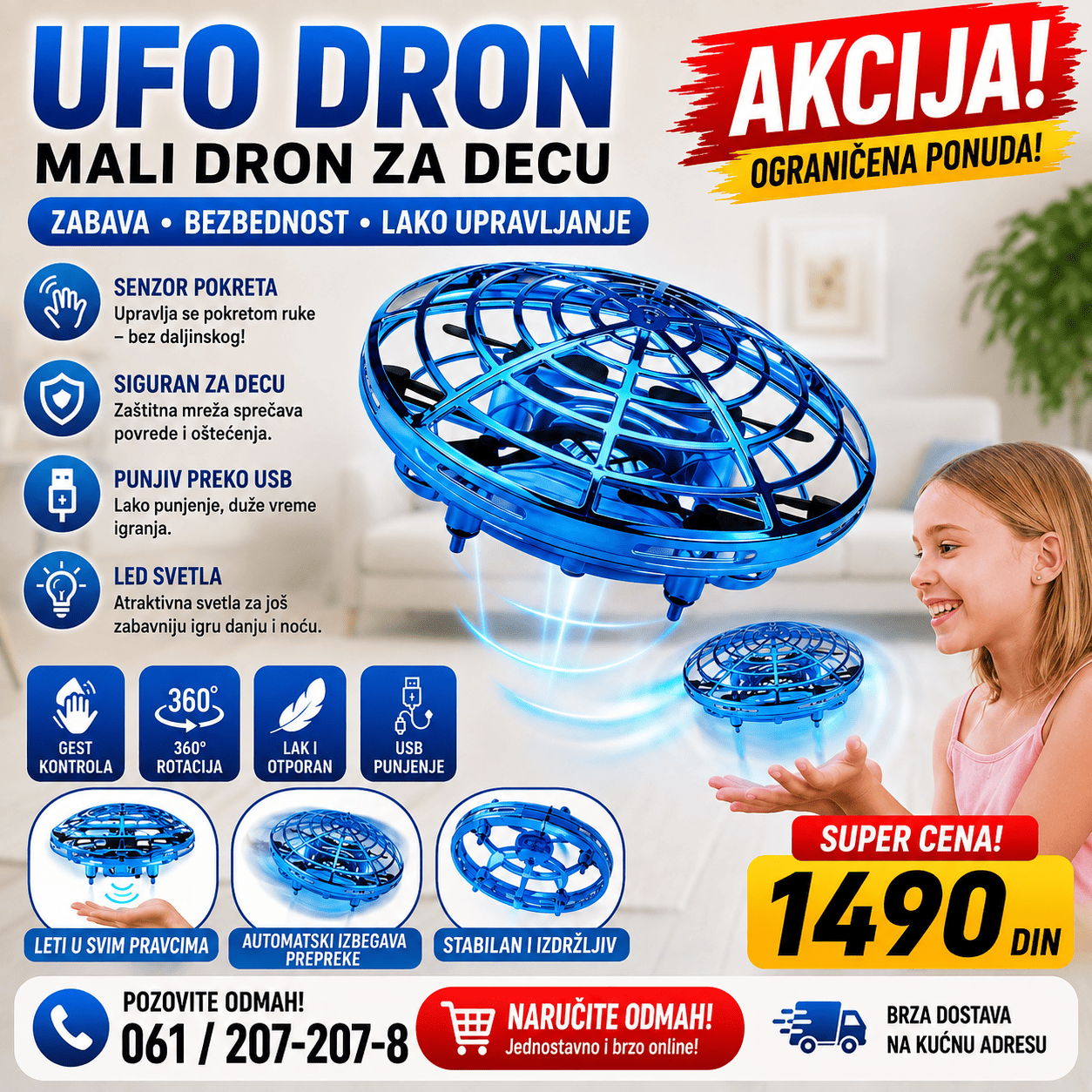 UFO dron na senzor za decu sa zaštitnom mrežastom konstrukcijom i upravljanjem pokretima ruke, namenjen za zabavnu interaktivnu igru.