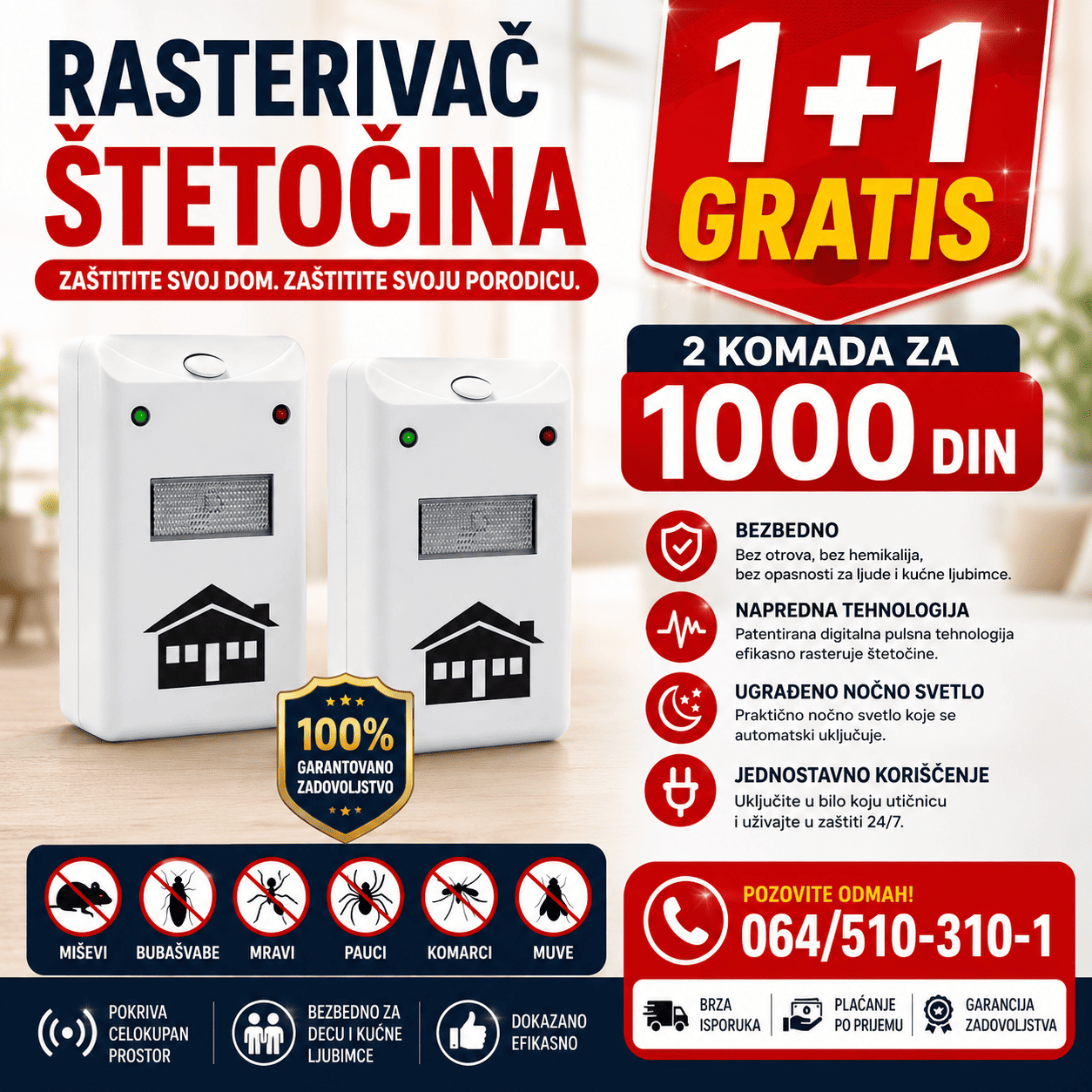 Riddex Plus elektronski rasterivač štetočina sa noćnim svetlom predstavlja jednostavno i praktično rešenje za borbu protiv miševa, pacova, mrava, buba, komaraca i paukova, pružajući čistiji i prijatniji životni prostor.