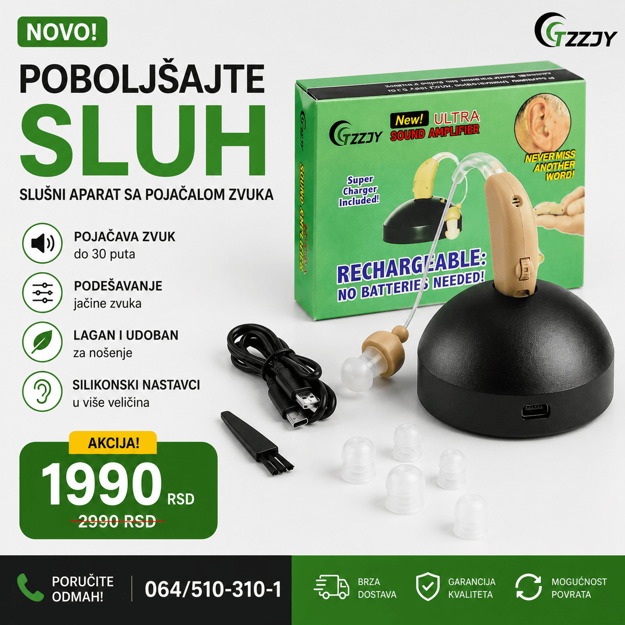 Slušni aparat sa bazom za punjenje i LED indikatorom olakšava praćenje statusa baterije i procesa punjenja.