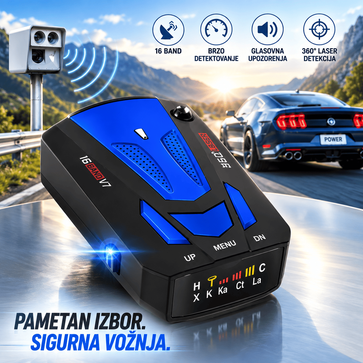V7 radar detektor sa 360 stepeni detekcijom, digitalnim ekranom i auto punjačem za praktičnu upotrebu tokom vožnje.