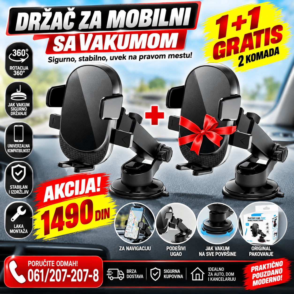 Vakuumski držač za mobilni telefon 1+1 gratis, set od 2 komada za sigurno i jednostavno pričvršćivanje telefona.