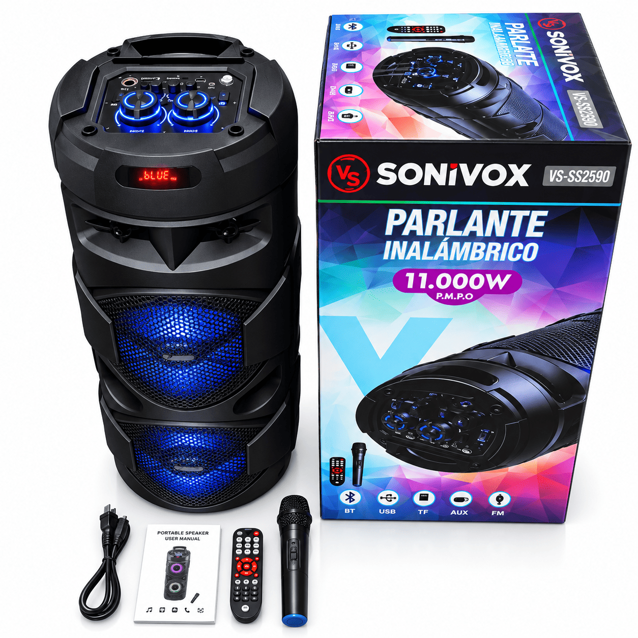 Veliki Bluetooth karaoke zvučnik Sonivox 83 cm sa bežičnim mikrofonom, FM radiom, USB i SD ulazima za reprodukciju muzike sa različitih uređaja.