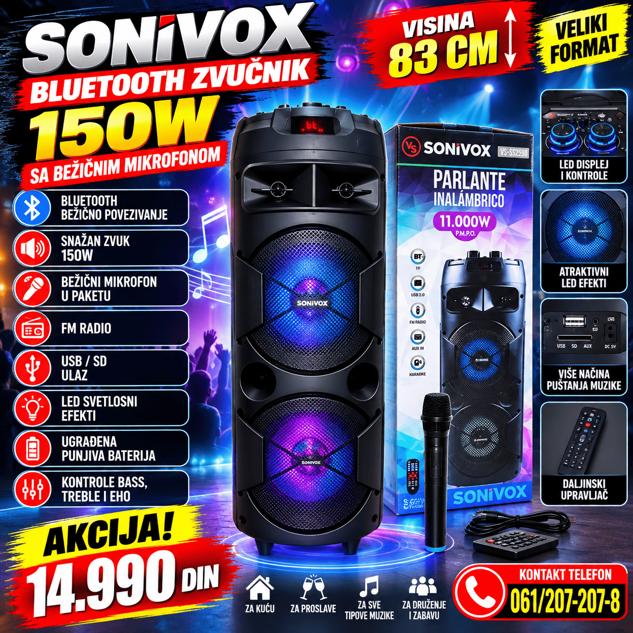 Veliki Bluetooth zvučnik Sonivox visine 83 cm i snage 150W sa bežičnim mikrofonom, idealan za kućne zabave, proslave, karaoke i slušanje muzike.
