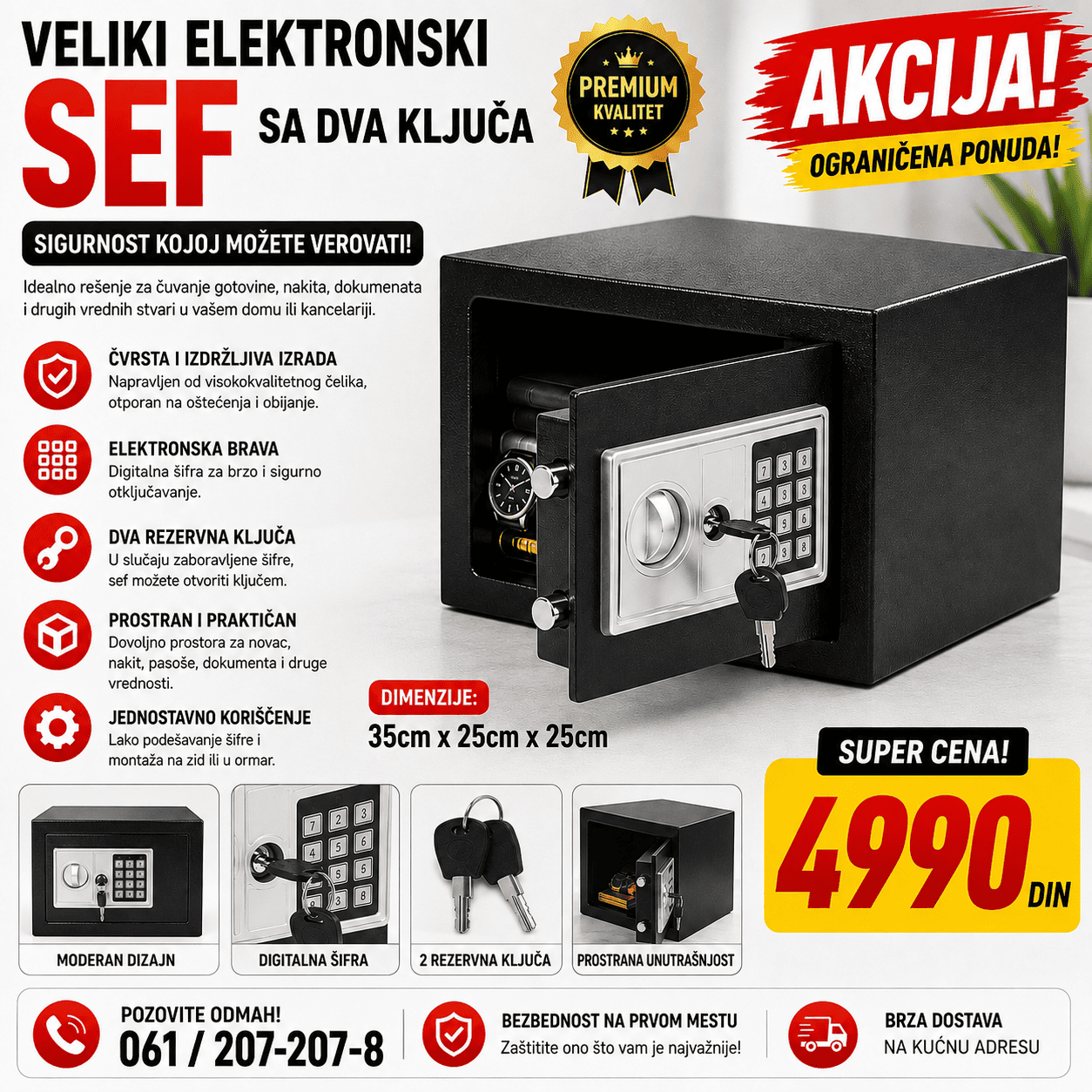 Veliki elektronski sef dimenzija 35 × 25 × 25 cm sa digitalnom tastaturom i dva rezervna ključa, namenjen za čuvanje novca, dokumenata i vrednih predmeta.