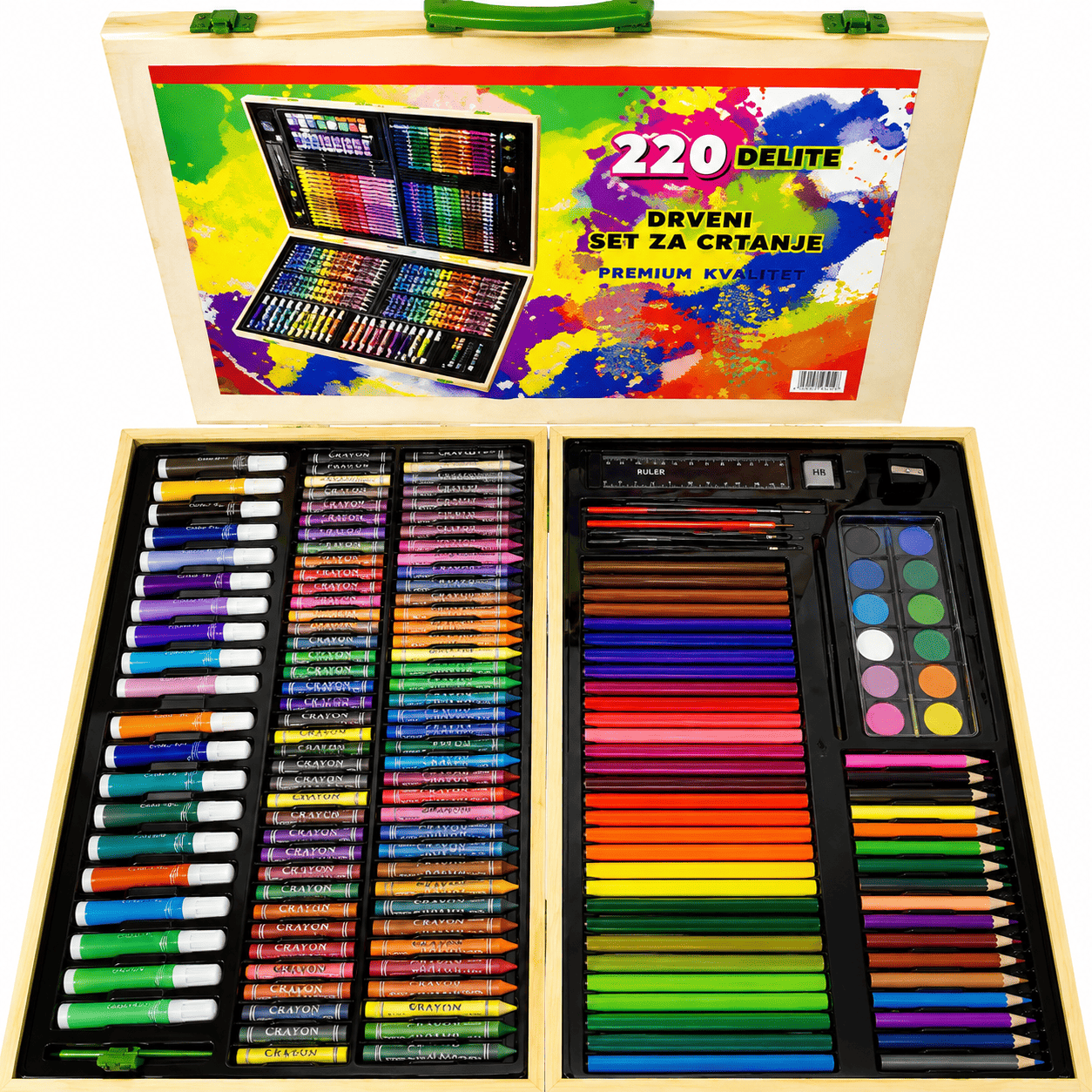 Kreativni kofer sa bojicama za decu i ukupno 220 delova, pogodan za crtanje, bojenje, slikanje i različite kreativne aktivnosti kod kuće.