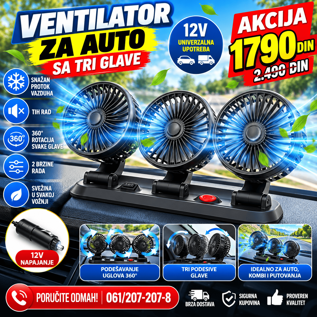 Ventilator za auto sa tri glave i 12V napajanjem, snažnim protokom vazduha i podesivim uglom duvanja.