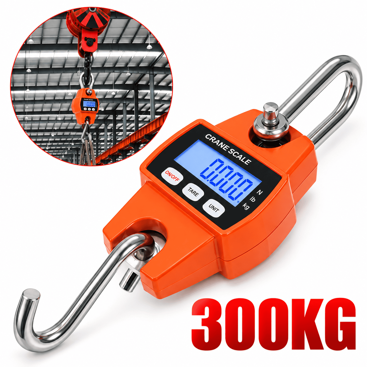 Viseći digitalni kantar 300 kg sa metalnom kukom i osvetljenim displejem, pogodan za industriju, radionicu i domaćinstvo.