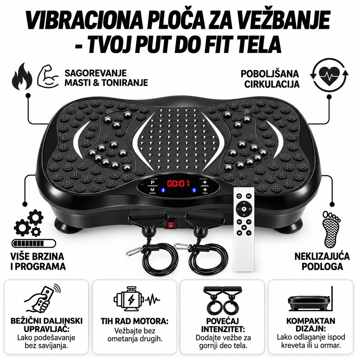 Višenamenska vibraciona ploča za vežbanje i masažu, namenjena za različite vrste kućnih treninga i stimulaciju mišića pomoću vibracione tehnologije.
