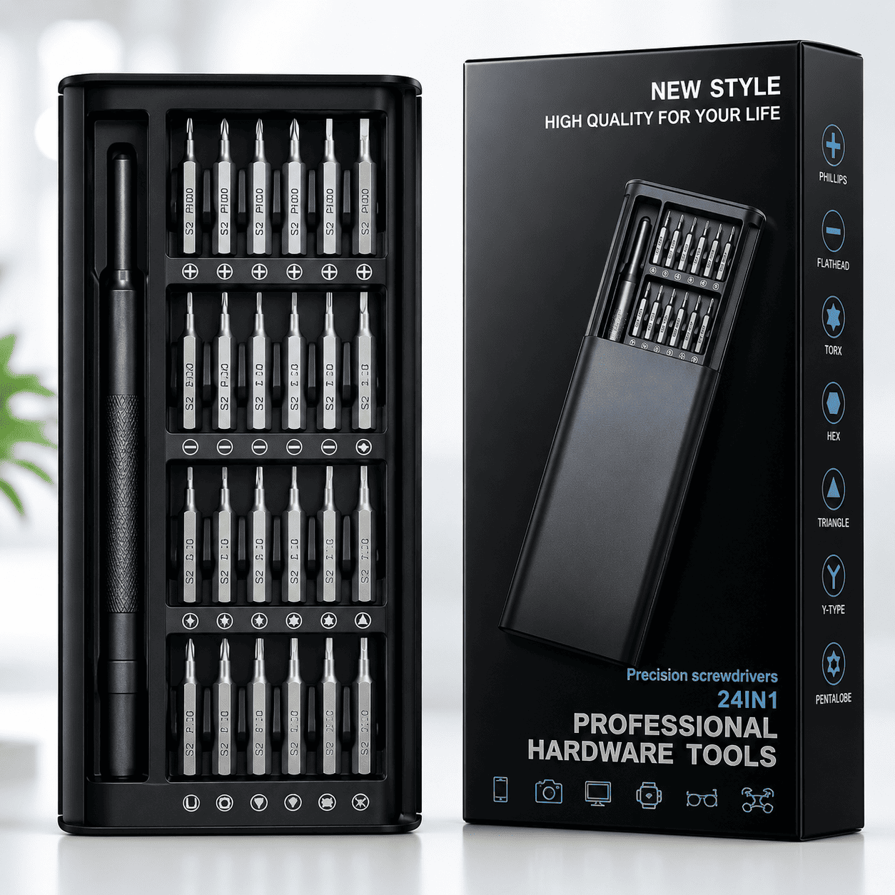 Višenamenski precizni odvijači sa 24 nastavka, namenjeni za odvrtanje i zavrtanje sitnih šrafova na mobilnim telefonima, laptopovima i drugim uređajima.