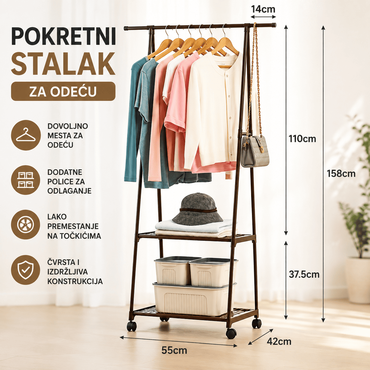Višenamenski stalak za odeću na točkićima sa prostorom za vešalice i dodatnim policama, praktičan za organizaciju garderobe u domu.