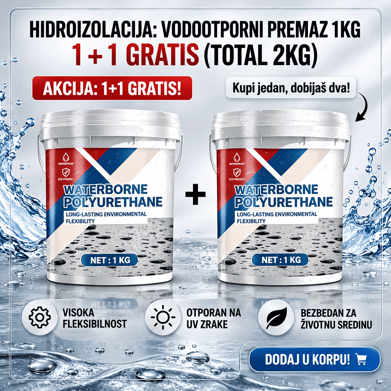 Vodootporna poliuretanska hidroizolacija 1 kg + 1 kg gratis za dugotrajnu zaštitu od kiše, vlage i prodora vode.