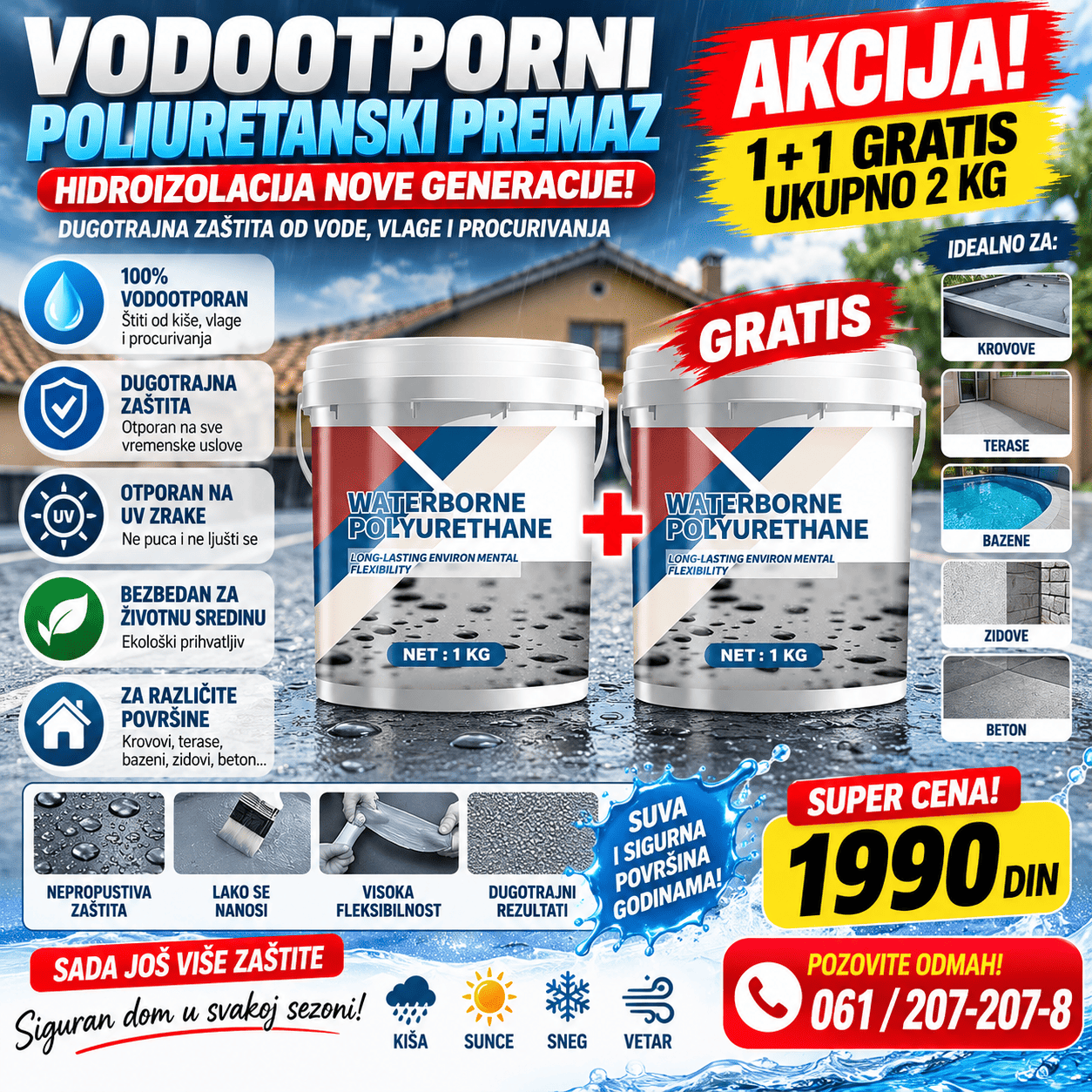 Vodootporni poliuretanski premaz za hidroizolaciju 1 kg + 1 kg gratis, namenjen zaštiti površina od vode, vlage i prokišnjavanja.