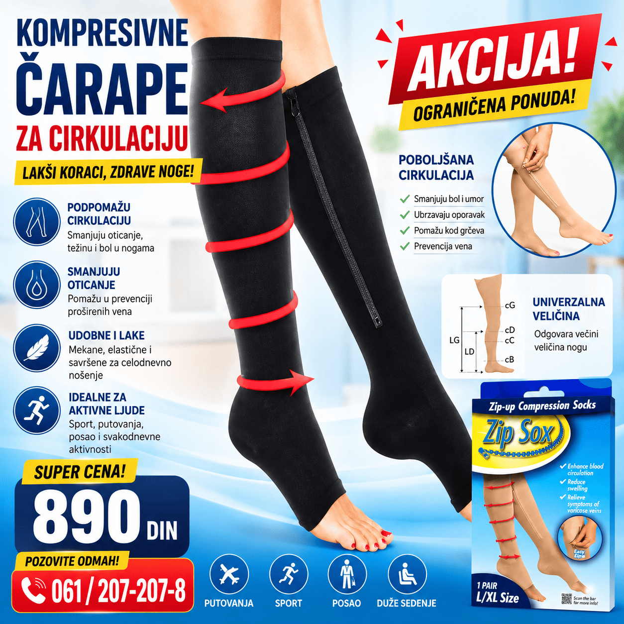 Zip Sox kompresivne čarape sa rajsferšlusom za jednostavno oblačenje i skidanje, dizajnirane za udobno nošenje tokom svakodnevnih aktivnosti.