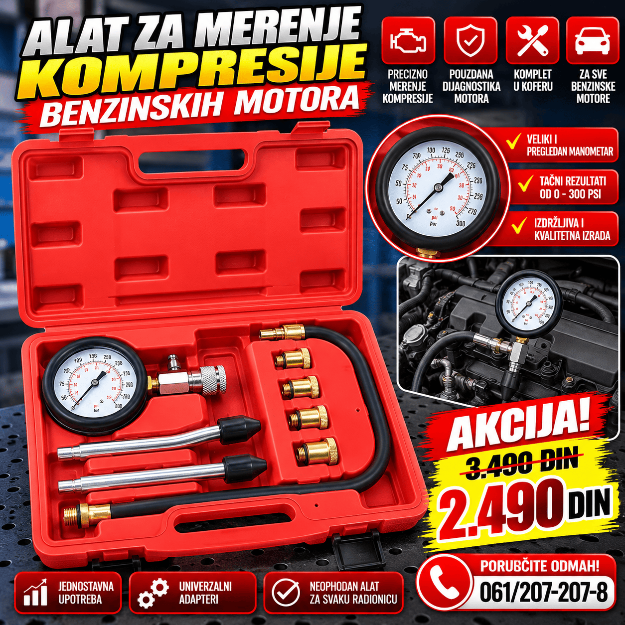 Profesionalni alat za merenje kompresije benzinskih motora sa manometrom, fleksibilnim crevom i adapterima u praktičnom crvenom koferu.