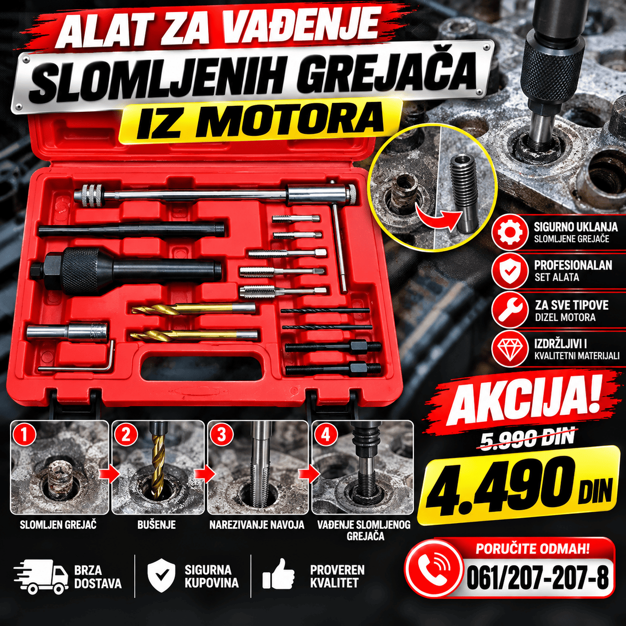 Profesionalni alat za vađenje slomljenih grejača iz dizel motora, komplet sa specijalnim nastavcima i praktičnim crvenim koferom.