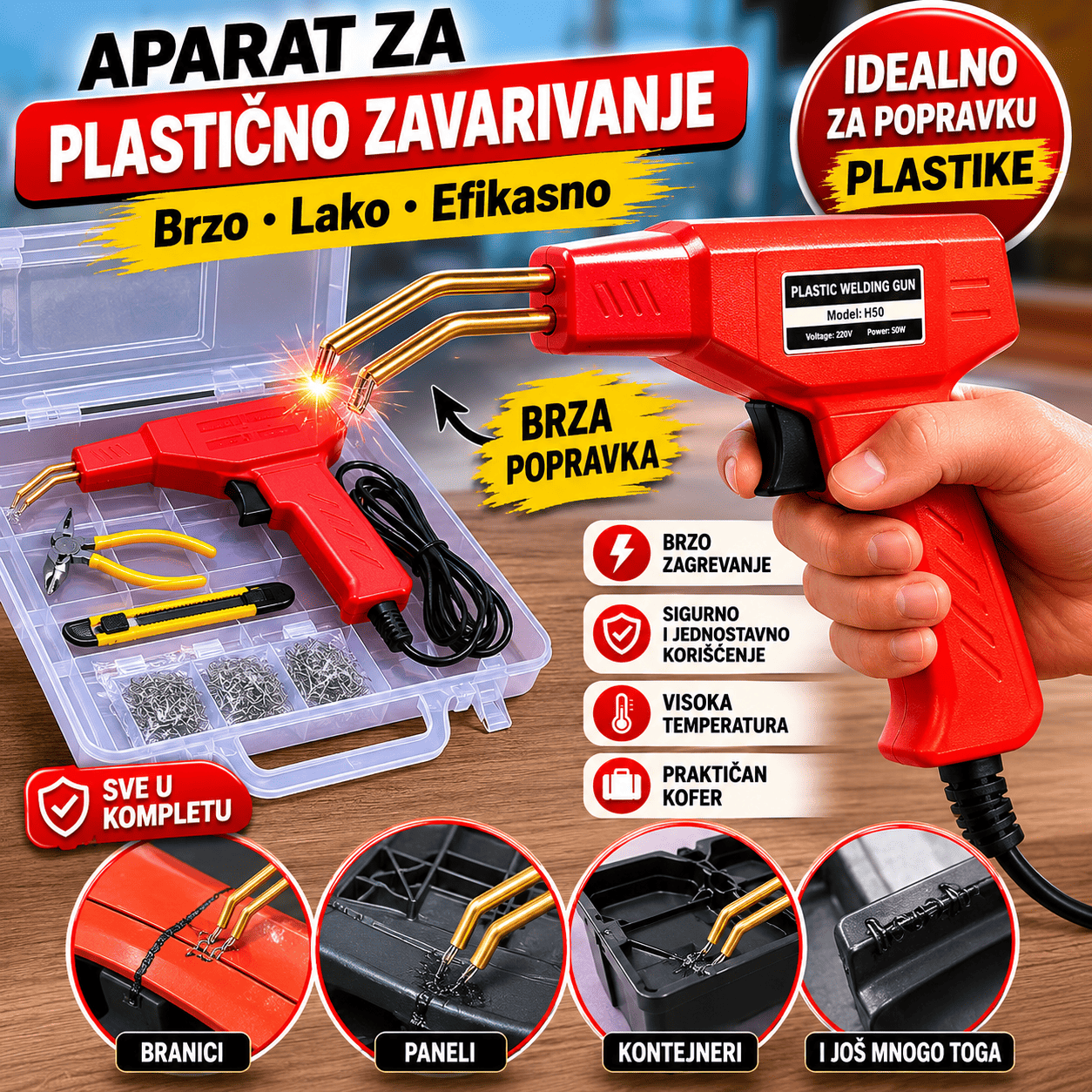 Profesionalni alat za popravku automobilskih branika i plastičnih delova omogućava brzo obnavljanje oštećenih površina bez potrebe za skupom zamenom delova. Komplet sadrži sve neophodne dodatke za efikasan i siguran rad.